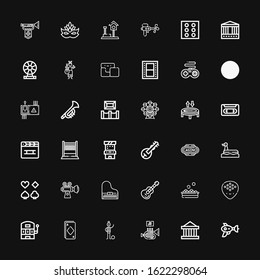 Editable 36 play icons for web and mobile. Set of play included icons line Blaster, Theater, Trumpet, Football player, Ace, Slot machine, Plectrum, Balls, Guitar on black background
