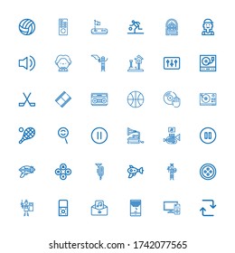 Editable 36 player icons for web and mobile. Set of player included icons line Repeat, Remote control, Game, Audio, Recorder, Paintball, Button, Blaster, Trumpet on white background
