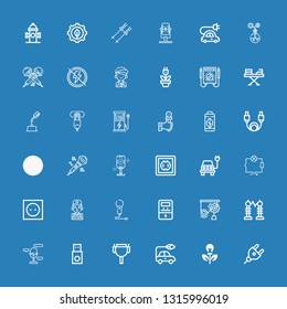 Editable 36 plug icons for web and mobile. Set of plug included icons line Plug, Green energy, Electric car, Cable, Usb, Microphone, Electricity, Mechanics on blue background