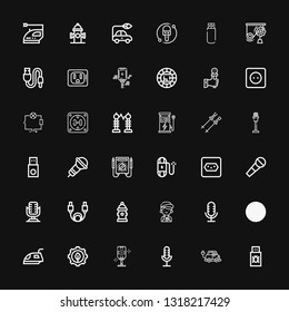 Editable 36 plug icons for web and mobile. Set of plug included icons line Usb, Electric car, Microphone, Green energy, Iron, Nuclear energy, Mechanic, Hydrant on black background