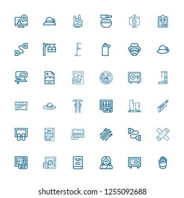 Editable 36 png icons for web and mobile. Set of png included icons line Gauntlet, Safebox, Troglodyte, Thesis, Gif, Clave, Chest expander, Skii, Jpg, Doormat on white background