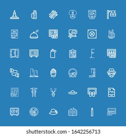 Editable 36 png icons for web and mobile. Set of png included icons line Jpg, National mall, Spellbook, Jiaozi, Safebox, Doormat, Tooth pliers, Gym station on blue background 