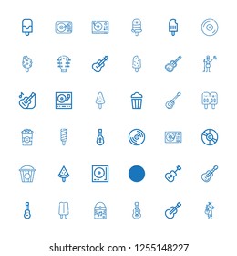 Editable 36 pop icons for web and mobile. Set of pop included icons line Guitar, Acoustic guitar, Vinyl, Popsicle, Turntable, Popcorn, Pop singer on white background