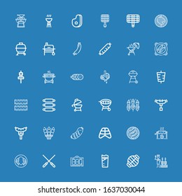 Editable 36 pork icons for web and mobile. Set of pork included icons line Churrasco, Grill, Kebab, Bbq, Skewers, Peking duck, Roast, Barbecue, Ribs, Sausage on blue background