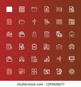 Editable 36 portfolio icons for web and mobile. Set of portfolio included icons line Development, File, Folder, Design, Graphic designer, Luggage, Briefcase, Typography on red
