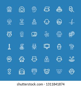 Editable 36 portrait icons for web and mobile. Set of portrait included icons line Woman, Clown, Avatar, Head, Selfie, Geisha, Selfie stick, Cosplayer, Monas on blue background