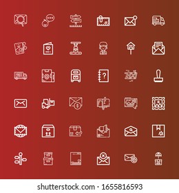 Editable 36 iconos postales para web y móvil. Conjunto de artículos incluidos iconos Cuadro de línea, Mensaje fallido, Correo, Nota pegajosa, Caja de almacenamiento, Señal, Correo electrónico, Cartón, Sobre, Sello en rojo