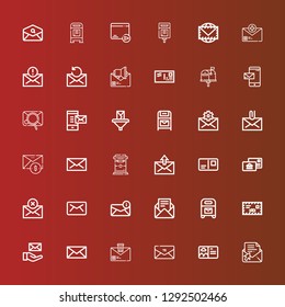 Editable 36 postage icons for web and mobile. Set of postage included icons line Email, Postcard, Envelope, Mail, Mailbox, Postal, Postbox on red