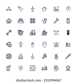 Editable 36 power icons for web and mobile. Set of power included icons line Campfire, Inspiration, Motorbike, Socket, Windmill, Energy drink, Spear, Idea on white background