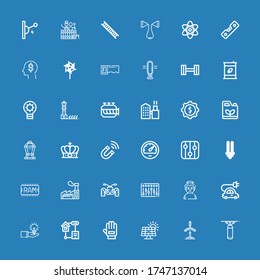 Editable 36 power icons for web and mobile. Set of power included icons line Punching bag, Windmill, Solar panel, Glove, Smart home, Idea, Electric car, Sumo on blue background