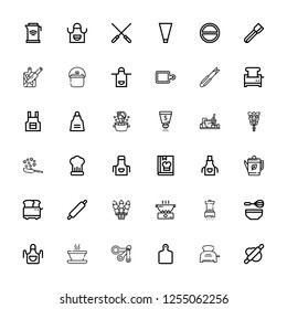 Editable 36 preparation icons for web and mobile. Set of preparation included icons line Rolling pin, Toaster, Cutting board, Measuring spoons, Soup, Apron on white background