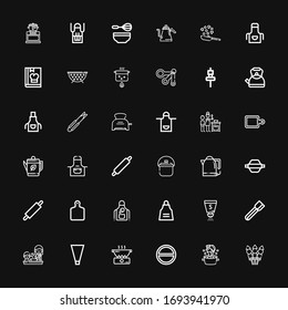 Editable 36 preparation icons for web and mobile. Set of preparation included icons line Skewer, Soup, Salt, Cooking, Piping bag, Tongs, Apron, Cutting board on black background
