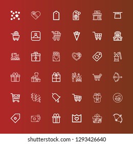 Editable 36 present icons for web and mobile. Set of present included icons line Bow, Gift, Merchandise, Gift box, Tag, Price tag, Surprised, Present, Shopping cart, Ring on red