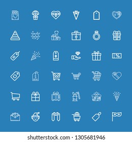 Editable 36 present icons for web and mobile. Set of present included icons line Party, Price tag, Shopping cart, Sash, Elf, Greeting card, Confetti, Gift, Magic hat on blue background