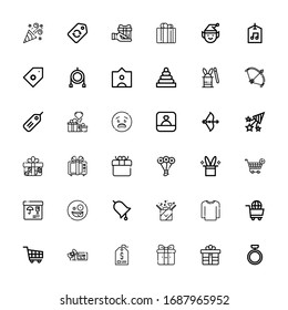 Editable 36 present icons for web and mobile. Set of present included icons line Ring, Gift, Price tag, Voucher, Shopping cart, Sweater, Surprised, Merchandise on white background