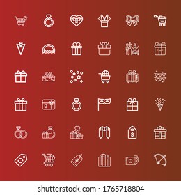 Editable 36 present icons for web and mobile. Set of present included icons line Bow, Tag, Gift, Price tag, Shopping cart, Label, Sash, Gifts, Rings, Confetti, Party, Ring on red