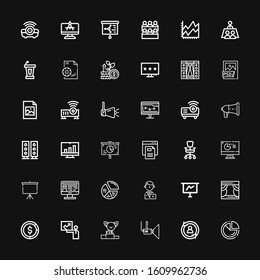 Editable 36 presentation icons for web and mobile. Set of presentation included icons line Pie chart, Rotate, Projector, Podium, Presentation, Diagram, Stage on black background