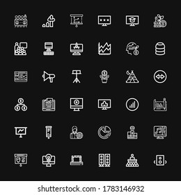 Editable 36 presentation icons for web and mobile. Set of presentation included icons line Speakers, Conference, Stage, Computer, Presentation, Podium, Pie chart on black background