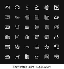 Editable 36 press icons for web and mobile. Set of press included icons line Keyboard, News, Iron, Printing, Bench press, Printer, Power, Switch on, Button on black background