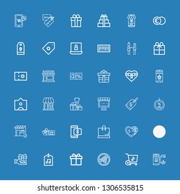 Editable 36 price icons for web and mobile. Set of price included icons line Online shopping, Store, Sign, Gift, Label, Scanner, Shopping, Discount, Voucher on blue background