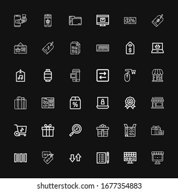 Editable 36 iconos de precio para web y móvil. Conjunto de precios incluye iconos línea comercio electrónico, tienda en línea, lista de compras, transferencia, descuentos, código de barras, regalo, codificación en fondo negro