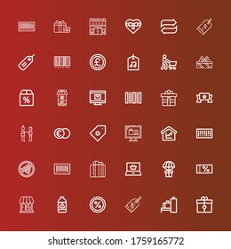 Iconos editables de 36 precios para web y móvil. Juego de precios incluido íconos línea Regalo, Escáner, Descuento, Gas, Tienda, Bolso, Compras en línea, Código de barras, Firma, Cantidad, Compras en línea en rojo