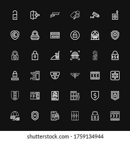Editable 36 privacy icons for web and mobile. Set of privacy included icons line Locker, Lock, Lockers, Security, Shield, Protection, Ssl, Hidden camera, Bug on black background