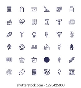 Editable 36 product icons for web and mobile. Set of product included icons line Robot arm, Ice cream, Filament, Shelves, Sausage, Vegan food, Peas, Eco oil on white background