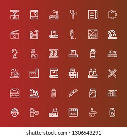 Editable 36 production icons for web and mobile. Set of production included icons line Gas, Oil, Clapperboard, Factory, Camcorder, Engineering, Warehouse, Milk, d printing pen on red