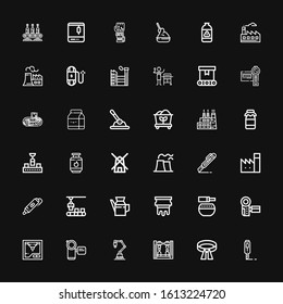 Editable 36 production icons for web and mobile. Set of production included icons line Cutter, Belt, Robot arm, Industrial robot, Camcorder, d printer, Standing bell on black background
