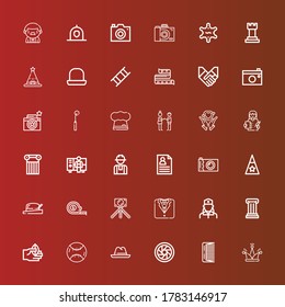 Editable 36 professional icons for web and mobile. Set of professional included icons line Hat, Comb, Shutter, Baseball, Hand, Column, Nurse, Tuxedo, Photo camera, Measuring tape on red