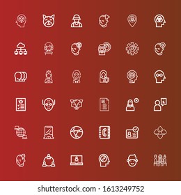 Editable 36 profile icons for web and mobile. Set of profile included icons line Group, Man, Mind, Login, Network, Suit, ID, Contact book, Setup, User, Add user, Curriculum vitae on red