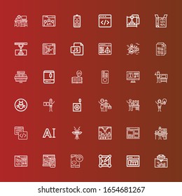 Editable 36 program icons for web and mobile. Set of program included icons line Coding, Layout, Remote control, Web design, Programmer, d printer, Bug, Typography, Code on red