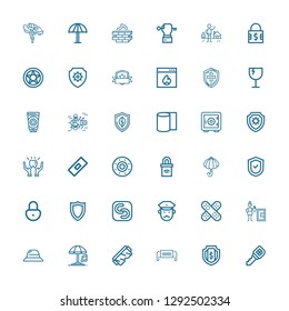 Editable 36 protect icons for web and mobile. Set of protect included icons line Key, Shield, Safety mask, Safety glasses, Umbrella, Hat, Safety box, Plaster on white background