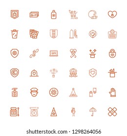 Editable 36 protect icons for web and mobile. Set of protect included icons line Plaster, Umbrella, Soldier, Hat, Scale, Antiseptic, Gloves, Shield, Policeman on white background