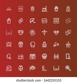 Editable 36 protection icons for web and mobile. Set of protection included icons line Virus search, Glasses, Boot, Eye mask, Vest, Helmet, Patch, Barrier, Cctv, Skin, Spyware on red