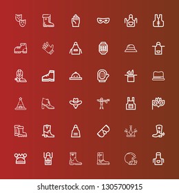 Editable 36 protective icons for web and mobile. Set of protective included icons line Apron, Helmet, Boot, Hat, Goggles, Boots, Eye mask, Paintball, Glove, Lifejacket on red