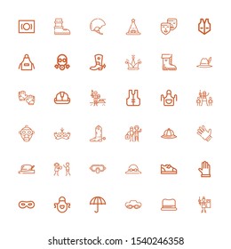 Editable 36 protective icons for web and mobile. Set of protective included icons line Paintball, Hat, Goggle, Wet protect, Apron, Mask, Gloves, Boots, Human rights on white background