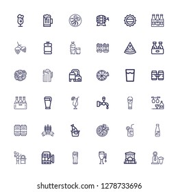 Editable 36 pub icons for web and mobile. Set of pub included icons line Beer, Bar, Pizza, Drink, Cocktail, Beers, Beer tap, Beer keg, Hop, Bottle cap, Quesadilla on white background