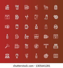 Editable 36 pub icons for web and mobile. Set of pub included icons line Beers, Pizza, Beer, Cocktail, Bar, Corkscrew, Quesadilla, Pub, Drink, Wine, Rum, Beer can on red