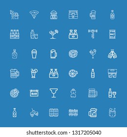 Editable 36 pub icons for web and mobile. Set of pub included icons line Cocktail, Dark beer, Drink, Beers, Hop, Beer, Wine, Bar, Pizza, Brandy, Malt, Corkscrew on blue background