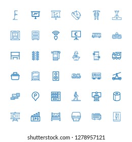 Editable 36 public icons for web and mobile. Set of public included icons line Toilet, Bus, Toilet paper, Bed, Ipo, Presentation, Conference, Pedestrian, Vending machine on white background