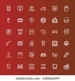 Editable 36 public icons for web and mobile. Set of public included icons line Ipo, Towel, Waiting room, Metro, Bed, Wc, Railway, Speaker, Presentation, Podium, Bus stop on red