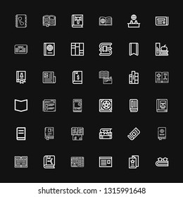 Editable 36 publication icons for web and mobile. Set of publication included icons line Book, Flyer, Newspaper, Booking, Books, Catalog, News, Science book on black background