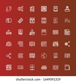 Editable 36 publish icons for web and mobile. Set of publish included icons line Book, Share, Books, News, Newspaper, Booking, Workbook, Science book, Library, Magazine on red