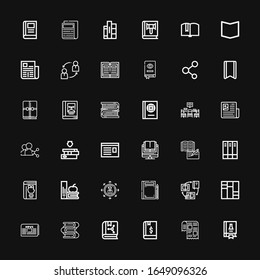 Editable 36 publish icons for web and mobile. Set of publish included icons line Science book, Newspaper, Book, Books, Share, Library, Bookmark, Sharing on black background