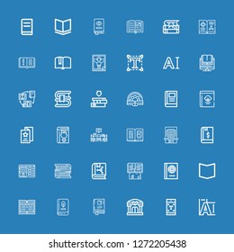 Editable 36 publishing icons for web and mobile. Set of publishing included icons line Typography, Library, Book, Books, Booking, Flyer, Guide book, Magazine on blue background