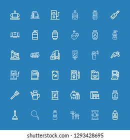 Editable 36 pump icons for web and mobile. Set of pump included icons line Gas, Oil, Enema, Plunger, Gas station, Eco fuel, Gasoline station, Gasoline, Fuel on blue background