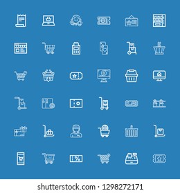 Editable 36 purchase icons for web and mobile. Set of purchase included icons line Ticket, Cashier, Shopping cart, Voucher, Cart, Online shop, Delivery cart on blue background