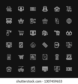Editable 36 purchase icons for web and mobile. Set of purchase included icons line Ticket, Online shop, Card, Trolley, Shopping basket, Dressing room, Shopping online on black background
